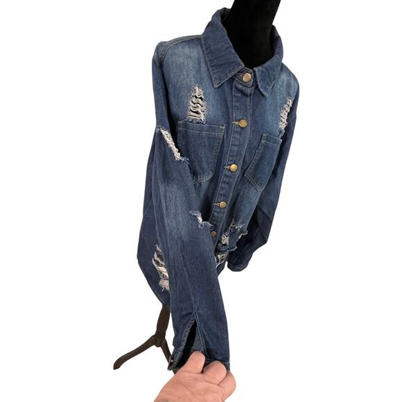 Oversized Distressed Denim Jacket Grunge Y2K Festival Longline Shacket XL - Picture 6 of 14